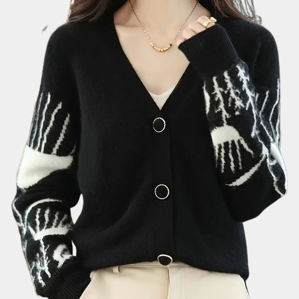 Damen Strickjacke schwarz mit Rentiermuster, V-Ausschnitt, Knöpfe, Wintermode, elegant.