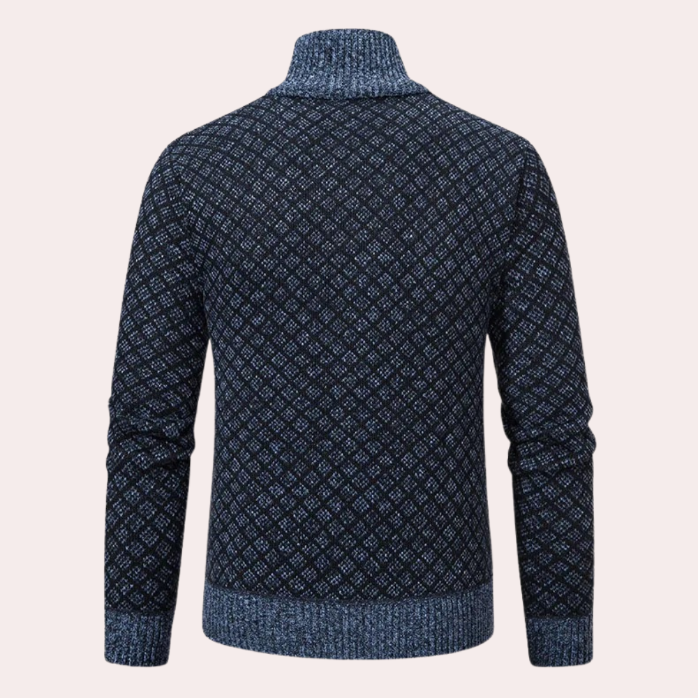 Dunkelblauer Strickpullover mit Muster, Rollkragen, Herrenmode, Winterkleidung.