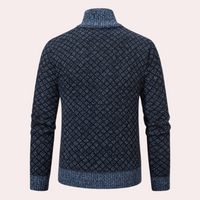 Dunkelblauer Strickpullover mit Muster, Rollkragen, Herrenmode, Winterkleidung.