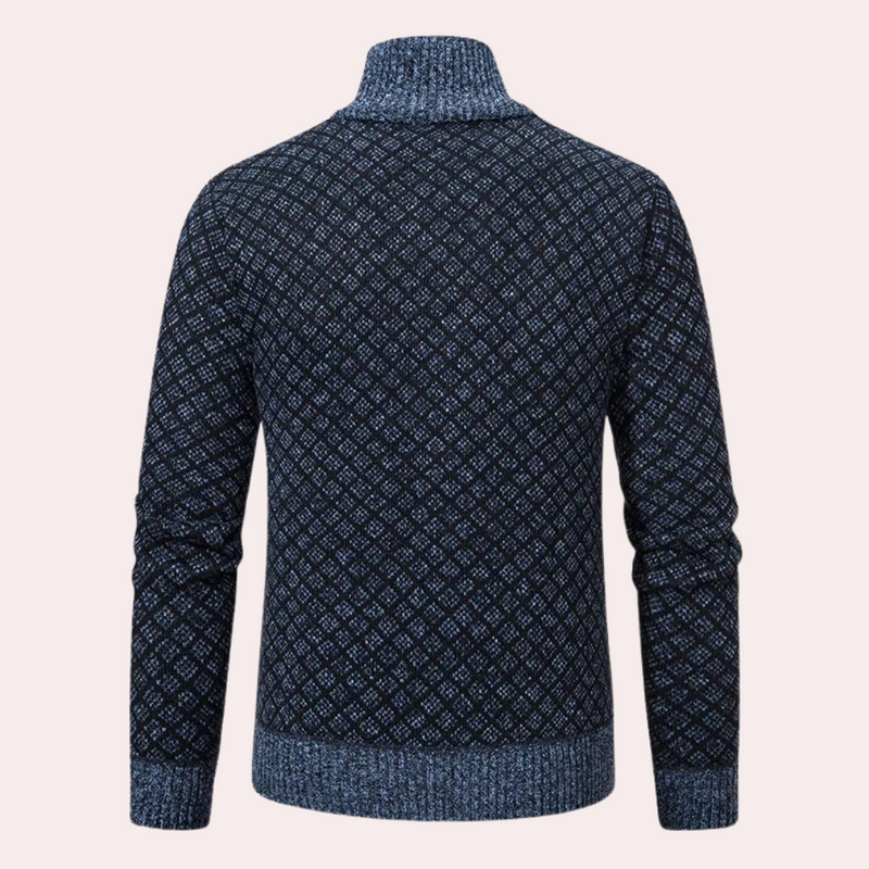Dunkelblauer Strickpullover mit Muster, Rollkragen, Herrenmode, Winterkleidung.