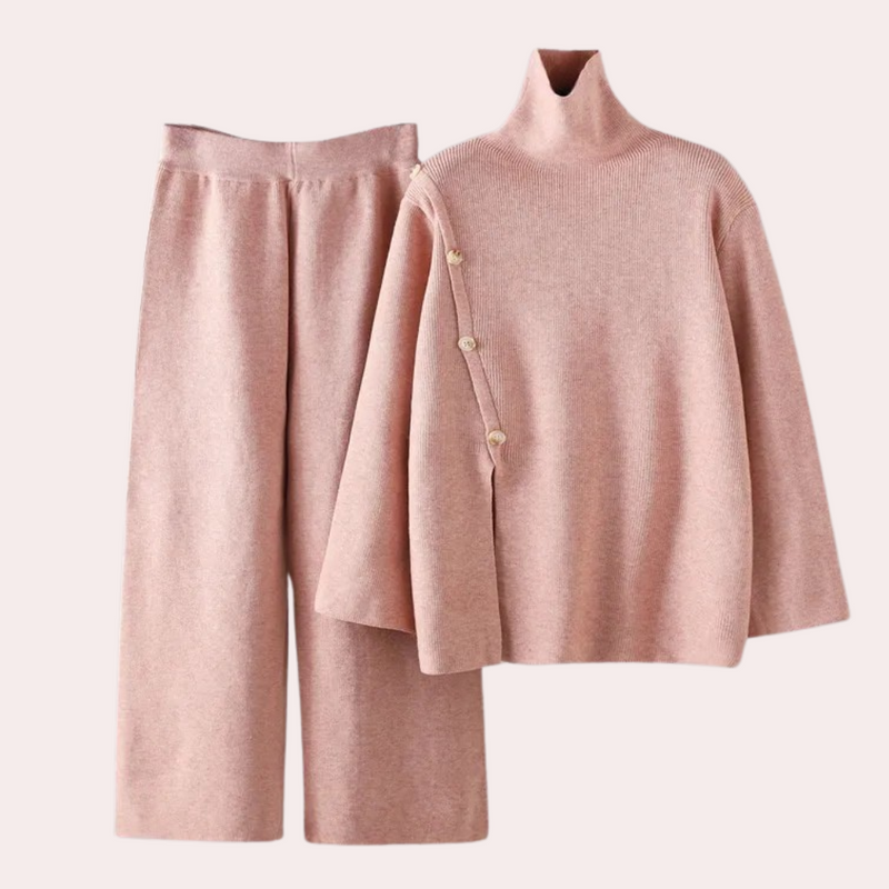 Rosa Damen-Strickset mit Rollkragenpullover und Hose, weiches Material, modisch, bequem.
