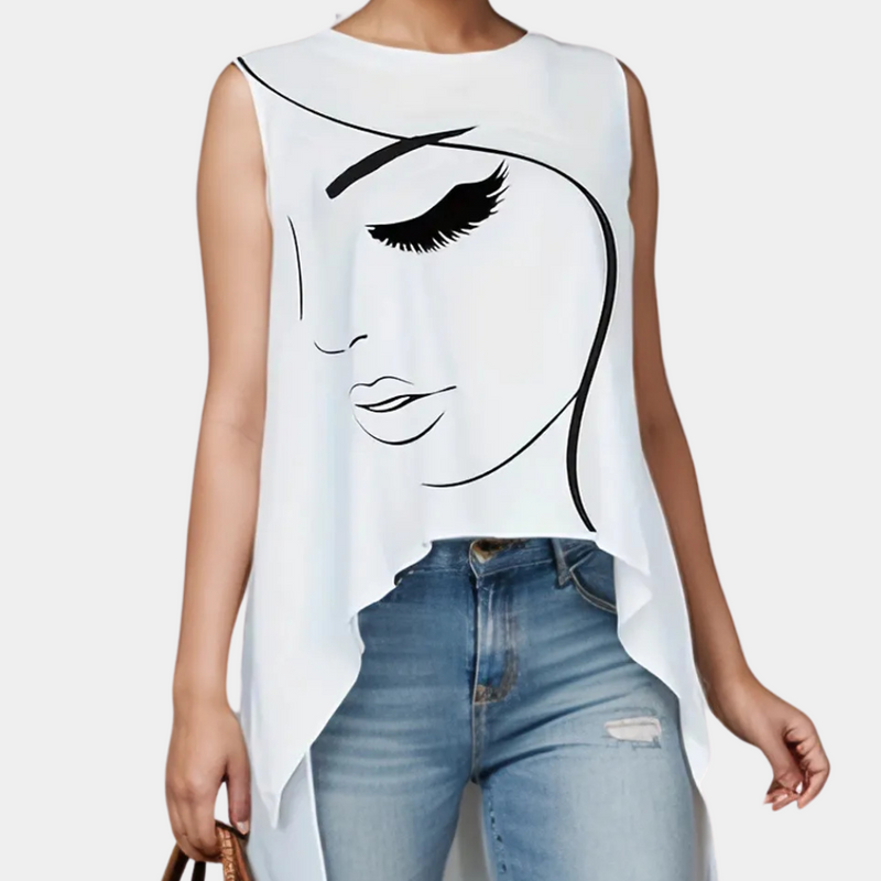Damen-Top mit Gesichtsgrafik, ärmellos, weiß, asymmetrischer Saum, lässig, modisch.