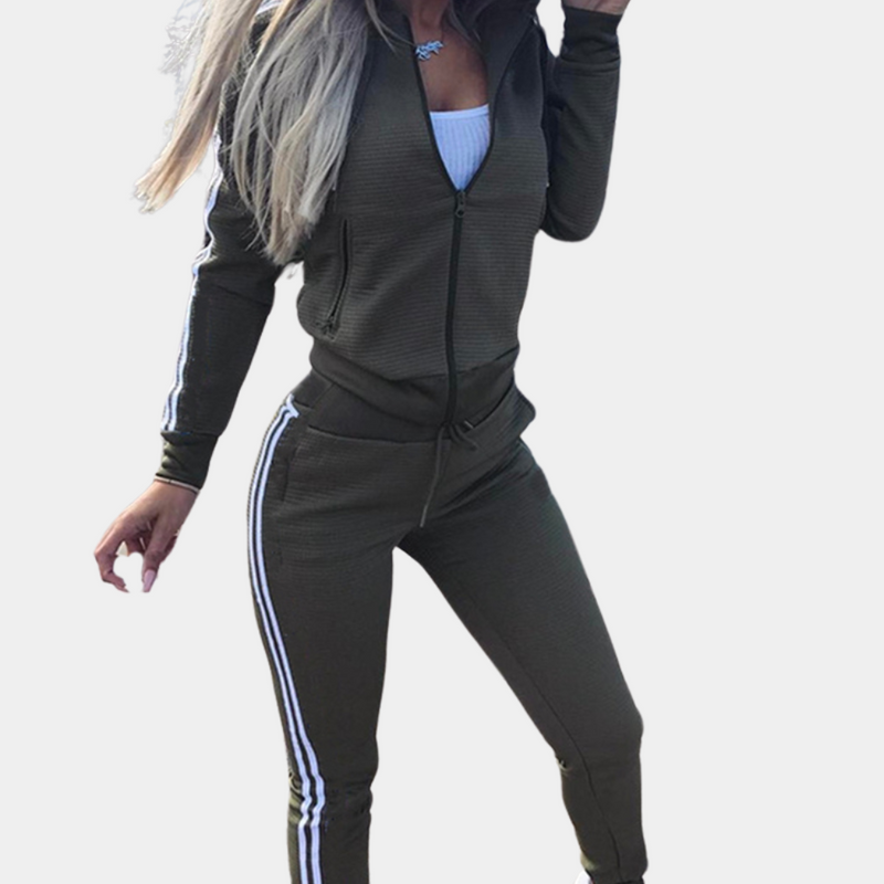 Damen Jogginganzug, grau, mit Kapuze, Reißverschluss, Streifen, Freizeitmode, Sportbekleidung