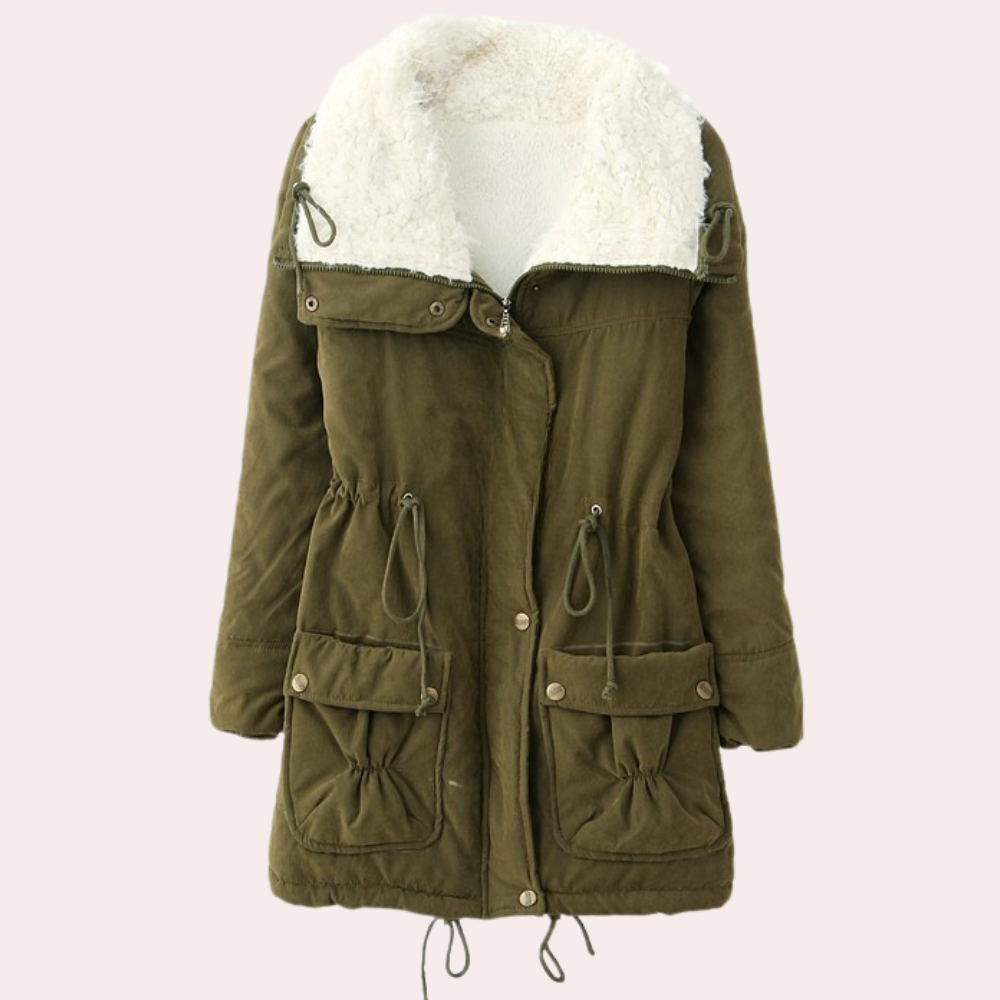 Damen Winterjacke, olivgrün, mit Kapuze und Kunstfellfutter, warm, modisch, Outdoor-Bekleidung.