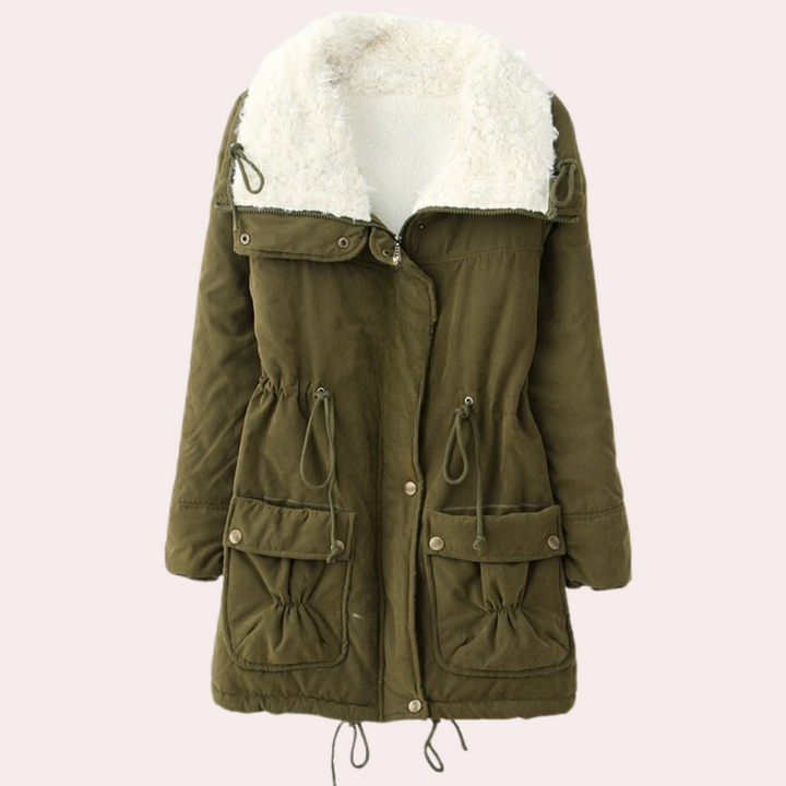 Damen Winterjacke, olivgrün, mit Kapuze und Kunstfellfutter, warm, modisch, Outdoor-Bekleidung.