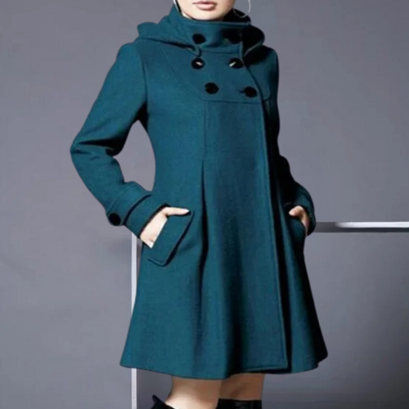Dunkelgrüner Damenmantel mit Kapuze, Knöpfen und Taschen, elegantes Design, Wintermode.