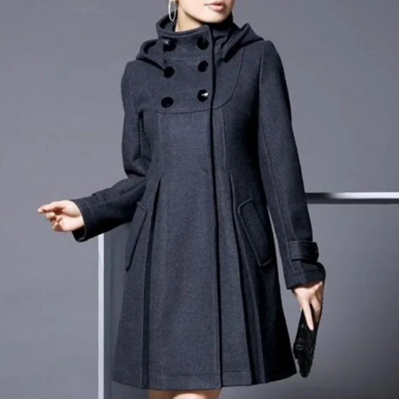 Damen Wintermantel grau, doppelte Knopfleiste, Kapuze, elegant, warm, modisch.