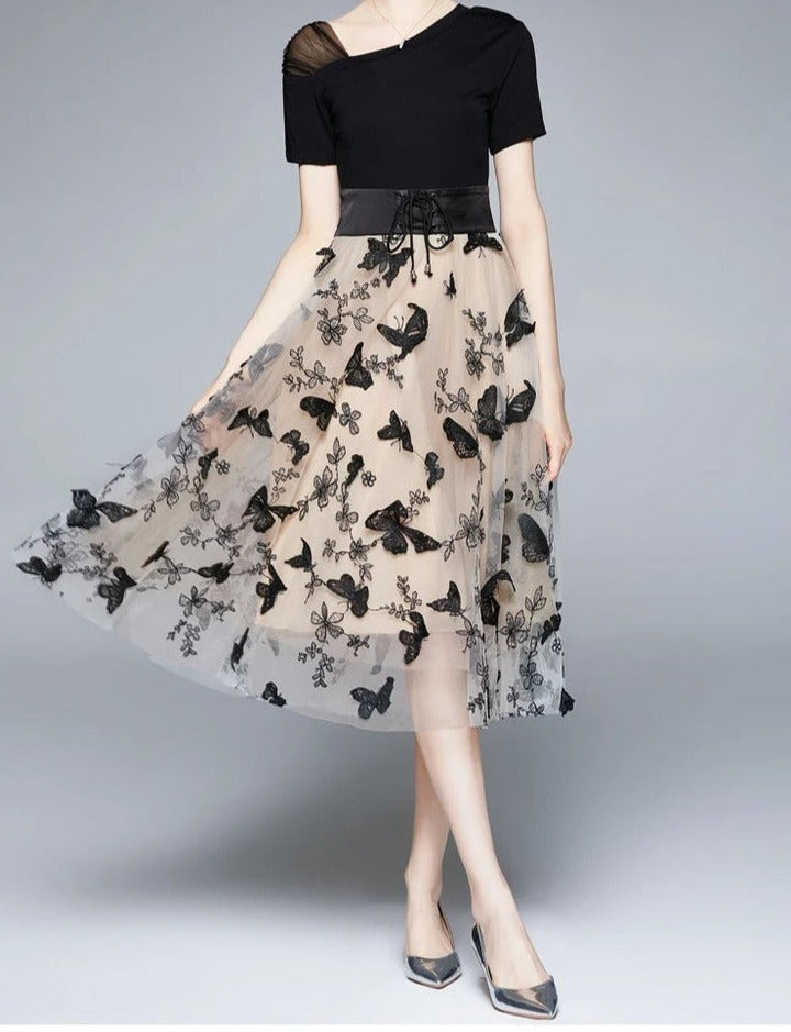 Stylish mesh midi dress with embroidery & ruffle sleeves – Maila