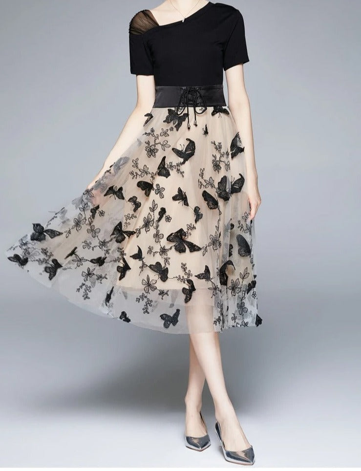 Stylish mesh midi dress with embroidery & ruffle sleeves – Maila