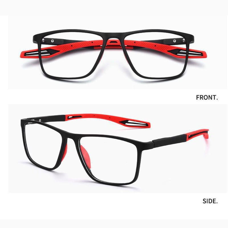 Zwei Ansichten der Brille mit schwarzem Rahmen und roten Bügeln samt rotem Nasenpad: oben frontal, unten seitlich. 11