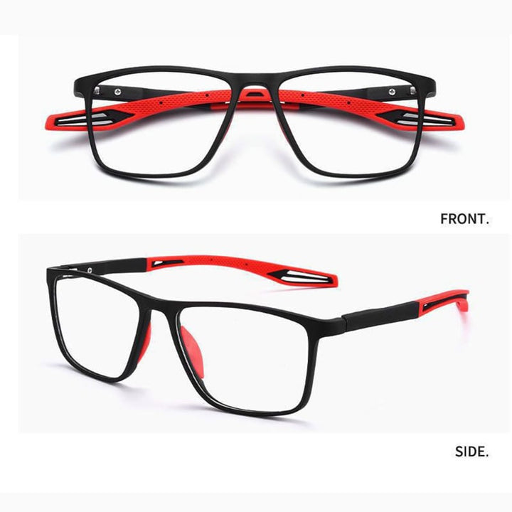 Zwei Ansichten der Brille mit schwarzem Rahmen und roten Bügeln samt rotem Nasenpad: oben frontal, unten seitlich. 11