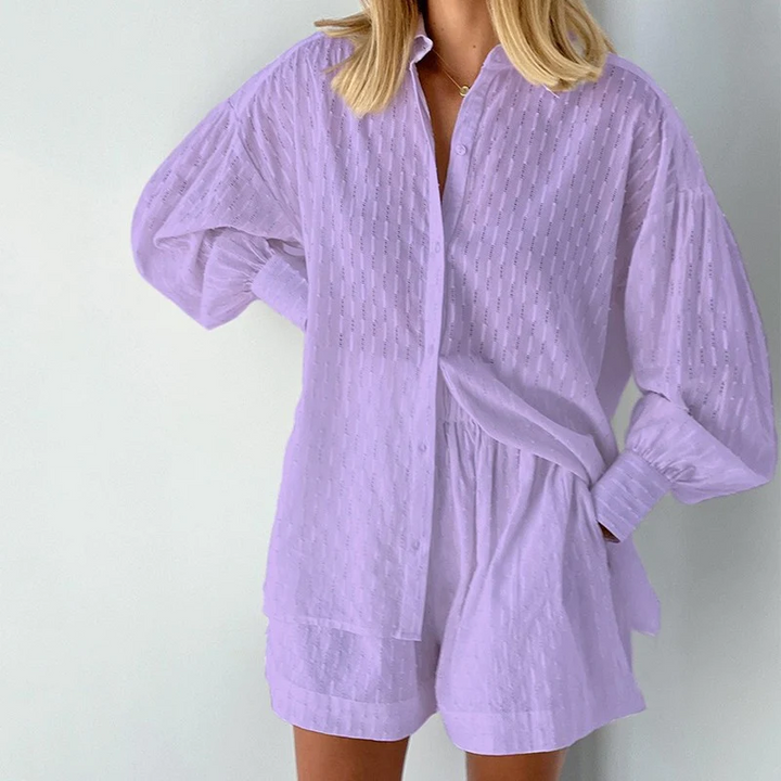 Two-piece women's summer suit with lantern sleeves – Nina