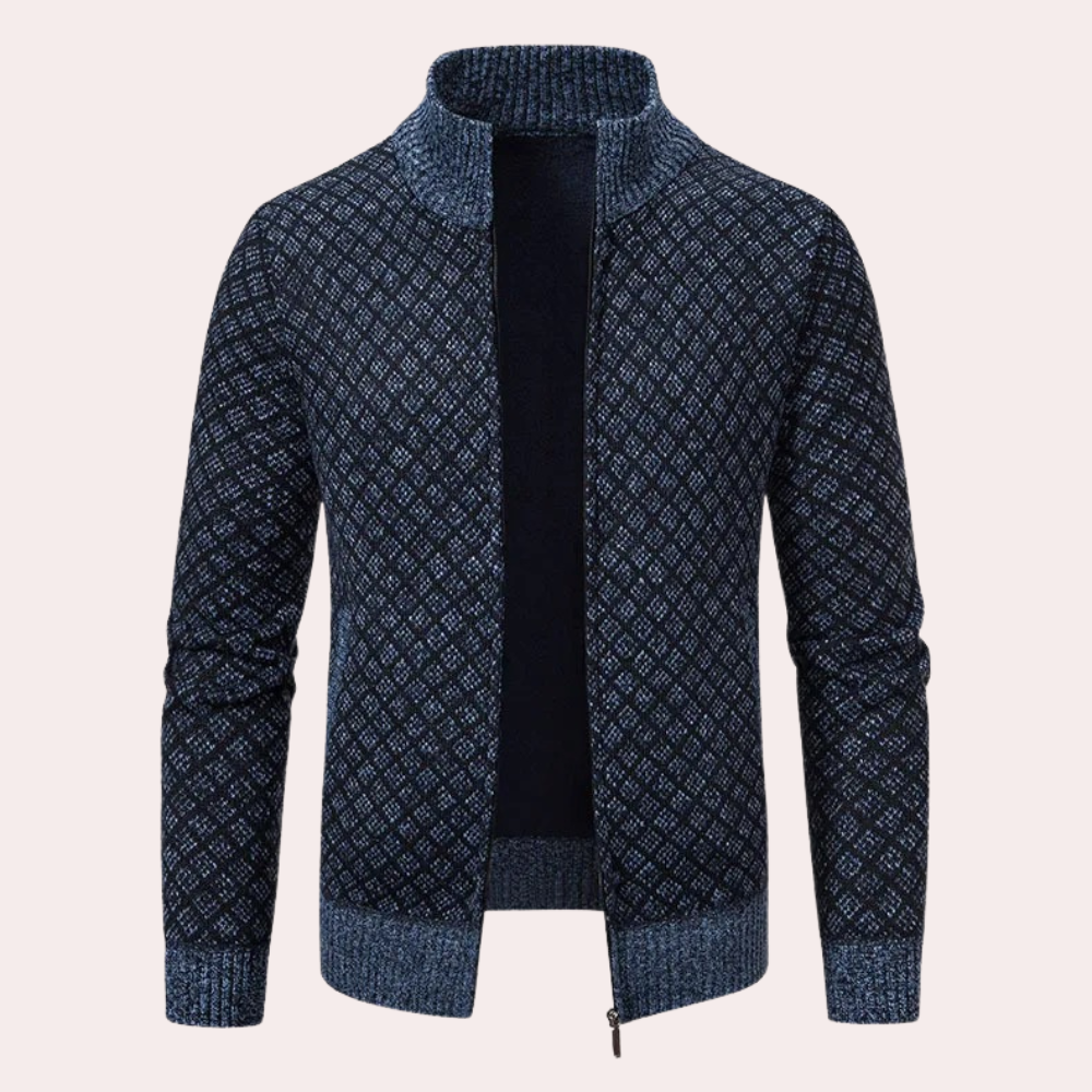Dunkelblauer Strickjacke mit Reißverschluss, geometrisches Muster, Herrenmode, Winterkleidung.