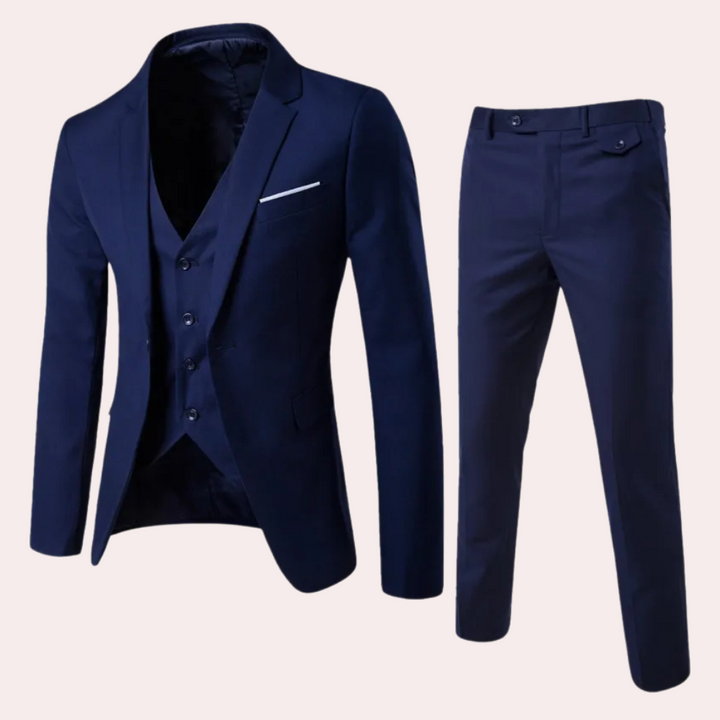 Dunkelblauer Herrenanzug, dreiteilig, elegant, Slim Fit, für formelle Anlässe.