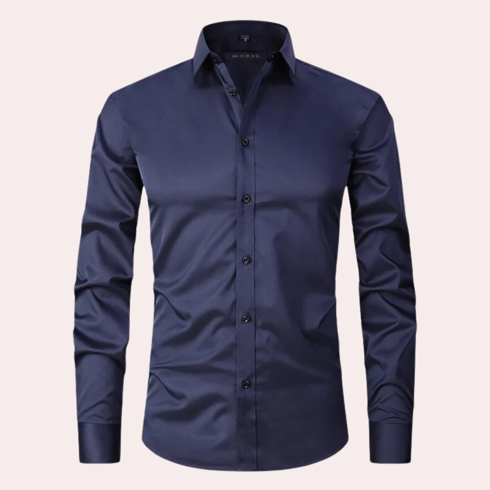 Dunkelblaues Herrenhemd, Stretch, langärmelig, Knopfleiste, elegantes Design.