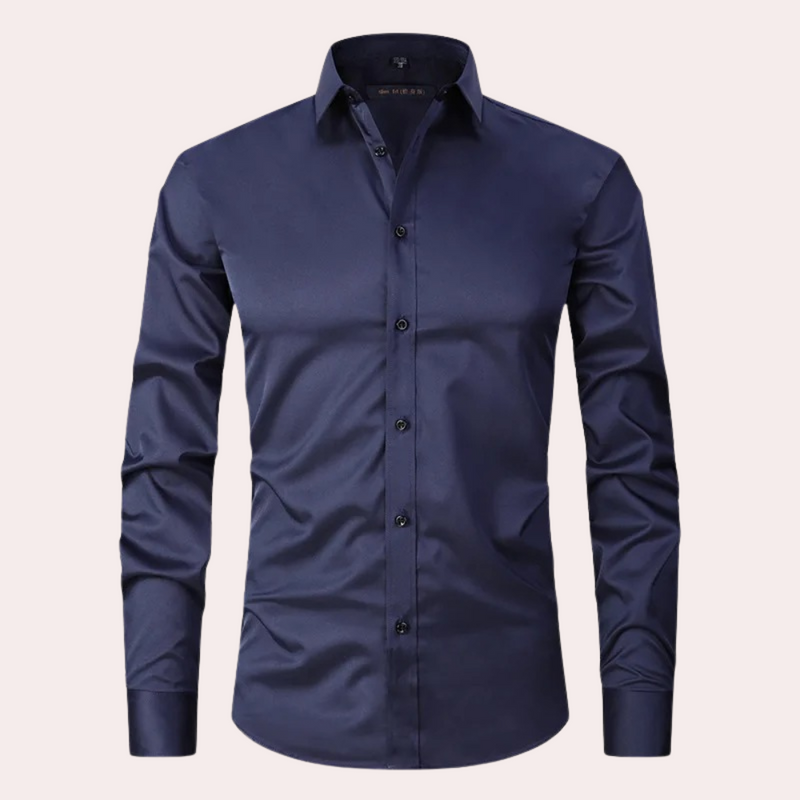 Dunkelblaues Herrenhemd, Stretch, langärmelig, Knopfleiste, elegantes Design.