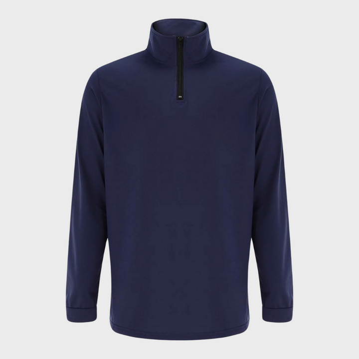 Dunkelblauer Herrenpullover mit Reißverschluss, langärmelig, aus Baumwolle, modisch und bequem.
