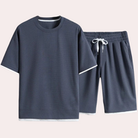Dunkelblauer Herren-Pyjama-Set, Kurzarmshirt und Shorts, Baumwolle, bequem, lässig.