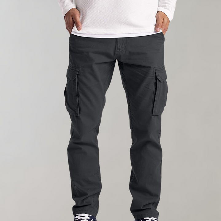 Dunkelgraue Cargohose für Herren, Baumwolle, seitliche Taschen, lässiger Stil.