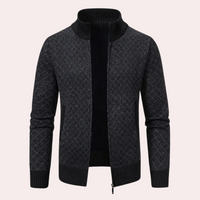 Dunkelgrauer Strickjacke mit Reißverschluss, Herrenmode, elegantes Design, warme Winterbekleidung.