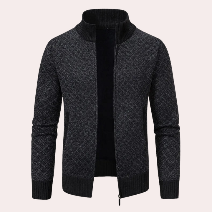 Dunkelgrauer Strickjacke mit Reißverschluss, Herrenmode, elegantes Design, warme Winterbekleidung.