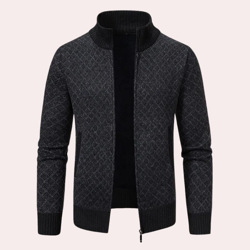 Dunkelgrauer Strickjacke mit Reißverschluss, Herrenmode, elegantes Design, warme Winterbekleidung.