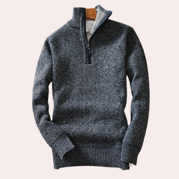 Dunkelgrauer Herrenpullover mit Reißverschluss, Strick, warm, modisch, Winterkleidung.