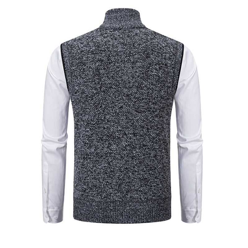 Dunkelgraue Strickweste Herren, ärmellos, modisch, über weißem Hemd, Rückansicht.