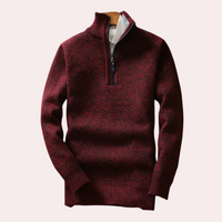 Bordeauxroter Herrenpullover mit Reißverschluss, Strick, warm, modisch, Wintermode.