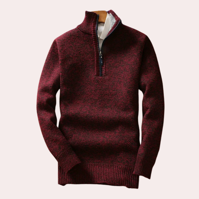 Bordeauxroter Herrenpullover mit Reißverschluss, Strick, warm, modisch, Wintermode.