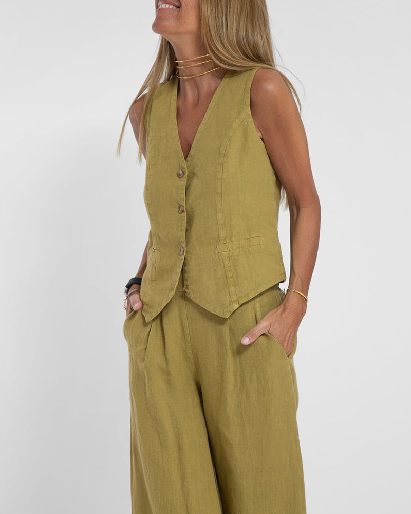Linen 2-piece set with wide-cut pants and vest – Alma