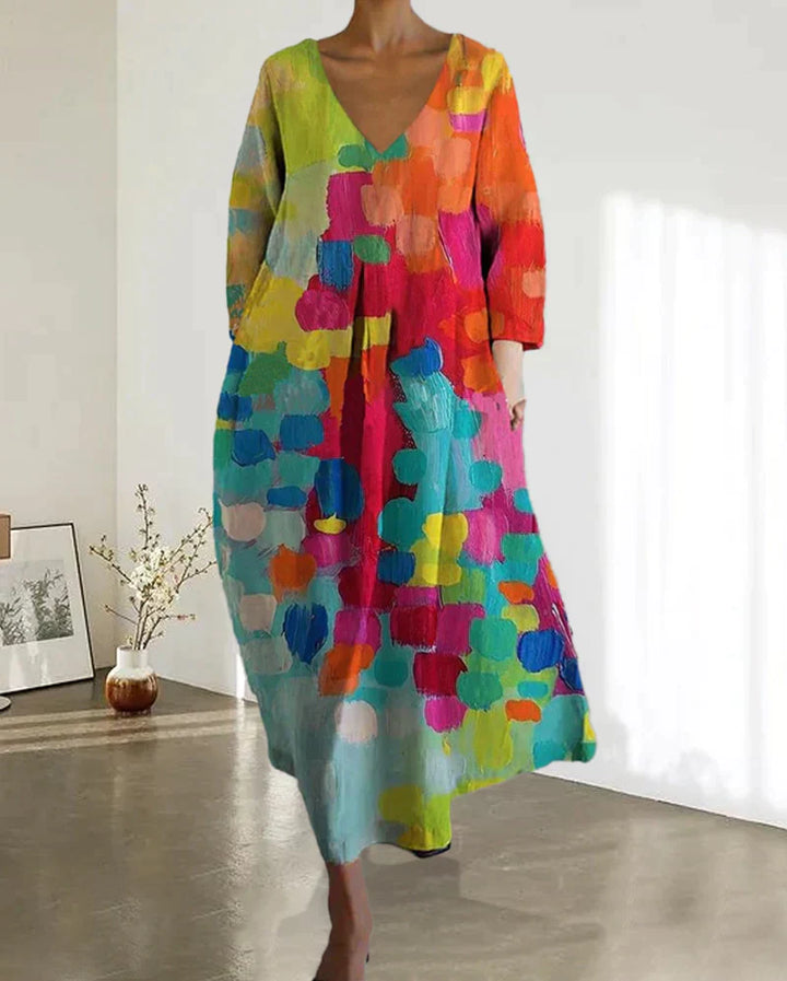 Colorful Printed Dress with V-Neck - Kim