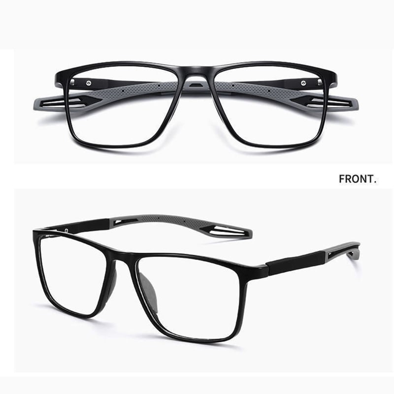 Zwei Ansichten der Brille mit schwarzem Rahmen und grauen Silikonbügeln: oben frontal, unten schräg von der Seite. 9