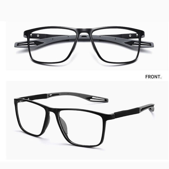 Zwei Ansichten der Brille mit schwarzem Rahmen und grauen Silikonbügeln: oben frontal, unten schräg von der Seite. 9