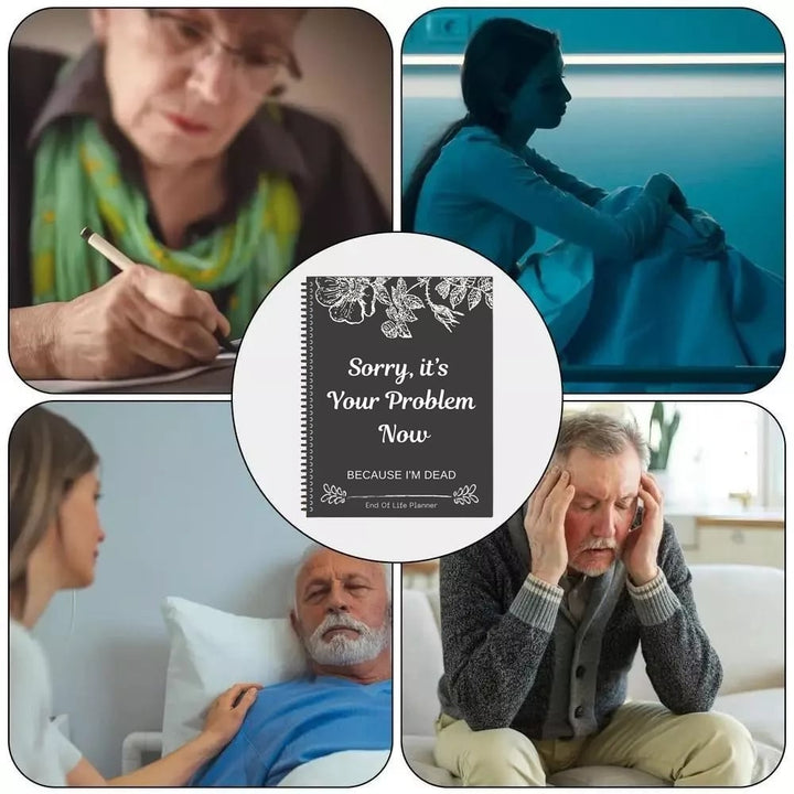 Collage um den dunklen Planer in der Mitte: schreibende Seniorin, nachdenkliche junge Frau, Pflegebett mit älterem Mann und Mann mit Händen am Kopf. 3