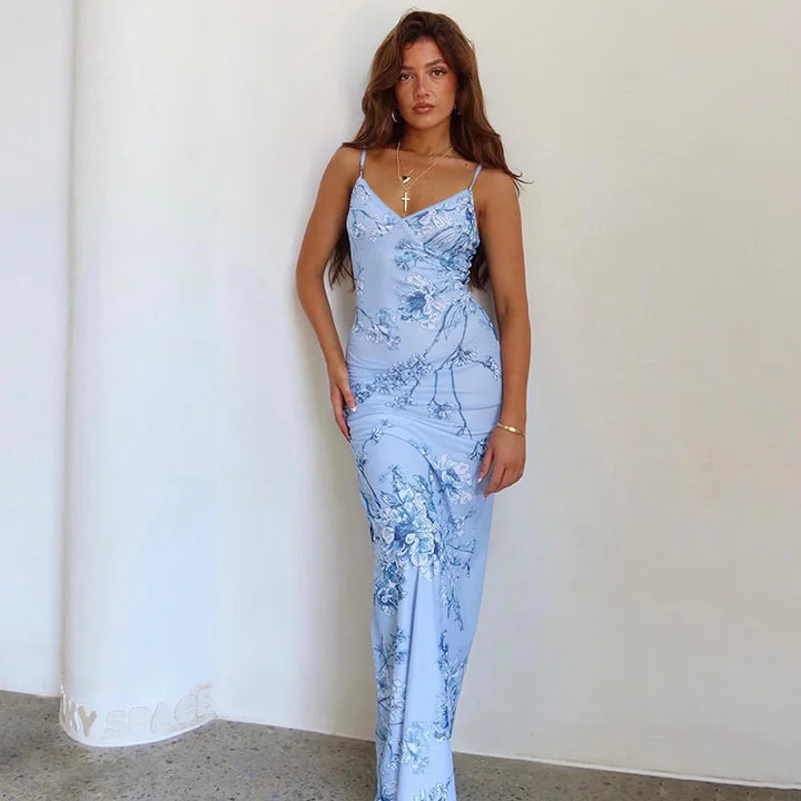 Floral Summer Maxi Dress with V-Neck and Spaghetti Straps - Alina