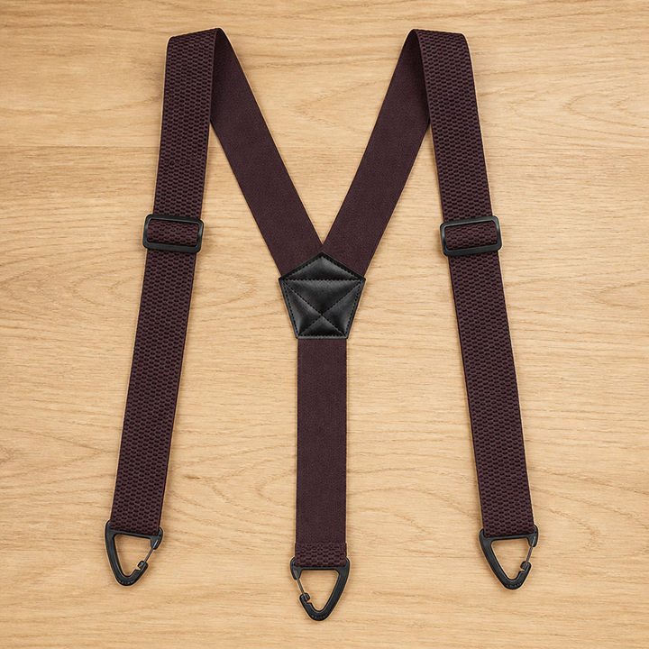 Dunkelbraune Hosenträger in Y-Form mit schwarzem Mittelstück, Verstellern und drei schwarzen Klammern auf Holz. 17