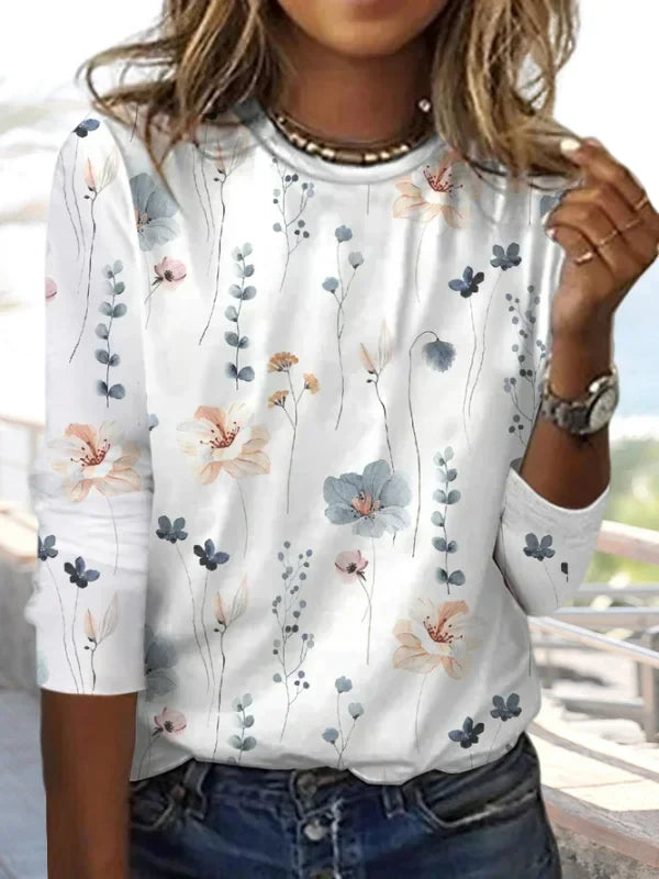 Damen Strickshirt mit Blumenmuster & Rundhalsausschnitt – Fiorina
