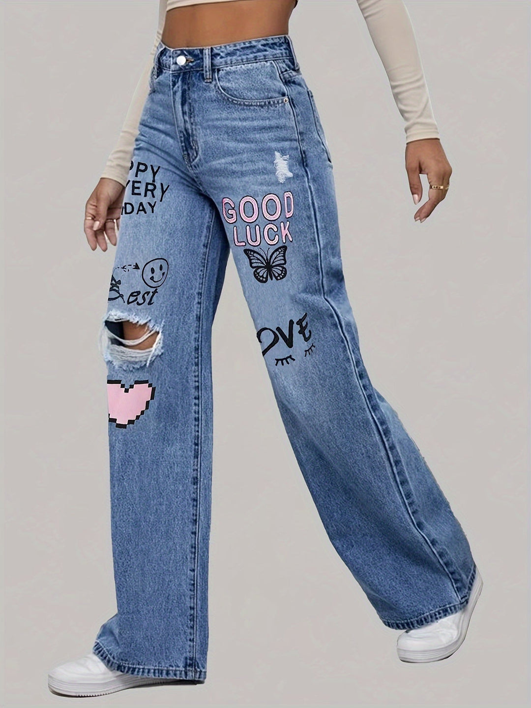 Jeans de mujer con estampado de corazón y grafiti - Lotte