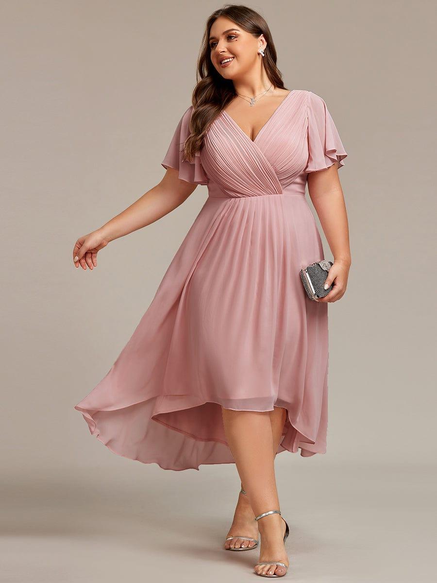 Chiffon Hoch-Tief Hochzeitsgastkleid mit V-Ausschnitt und kurzen Ärmeln 133