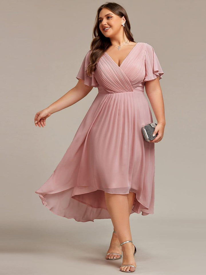 Chiffon Hoch-Tief Hochzeitsgastkleid mit V-Ausschnitt und kurzen Ärmeln 133