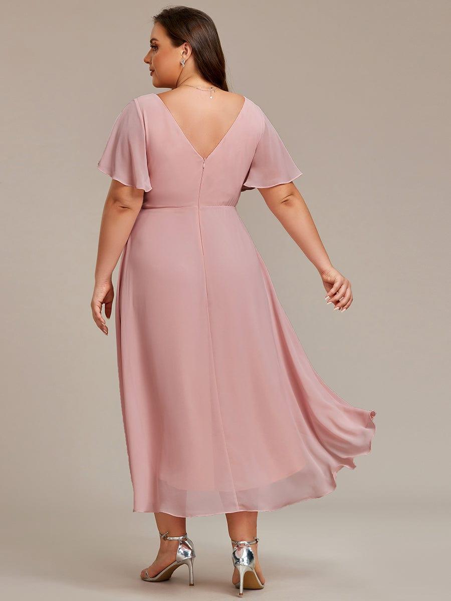 Chiffon Hoch-Tief Hochzeitsgastkleid mit V-Ausschnitt und kurzen Ärmeln 130