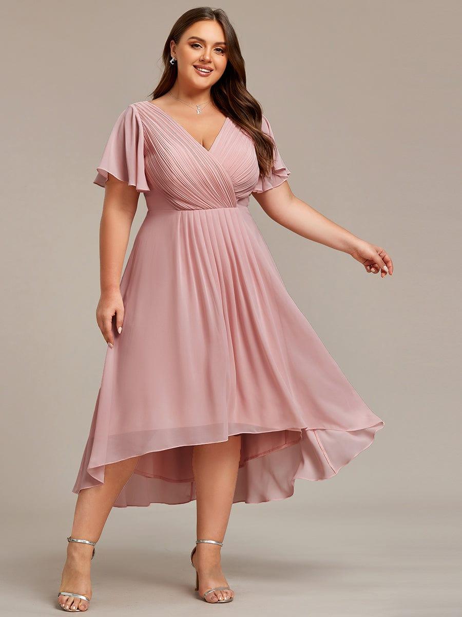 Chiffon Hoch-Tief Hochzeitsgastkleid mit V-Ausschnitt und kurzen Ärmeln 132