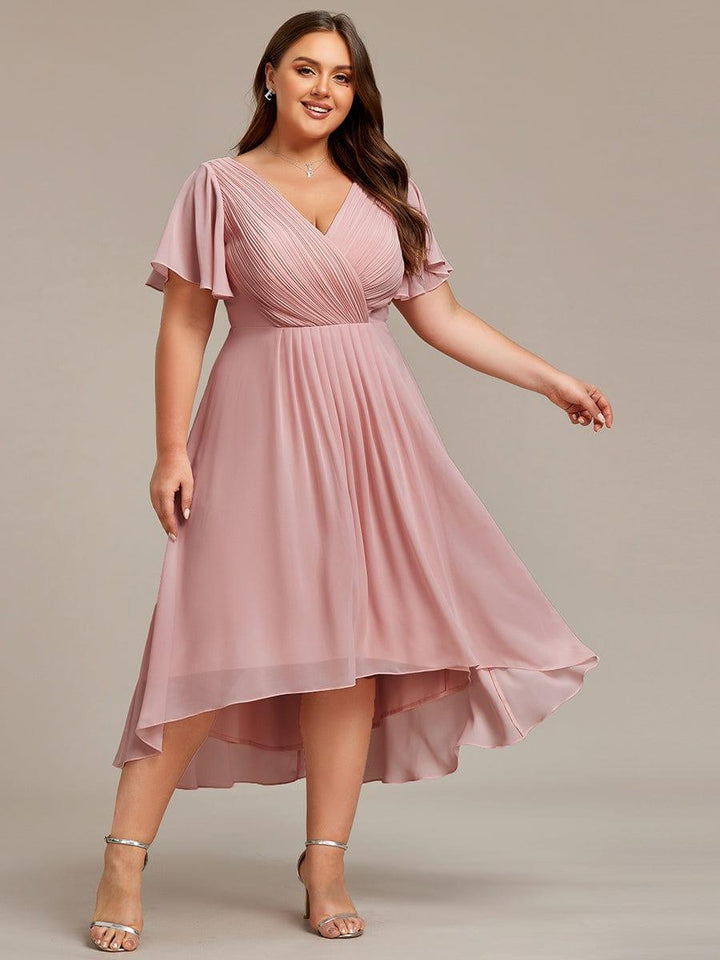 Chiffon Hoch-Tief Hochzeitsgastkleid mit V-Ausschnitt und kurzen Ärmeln 132