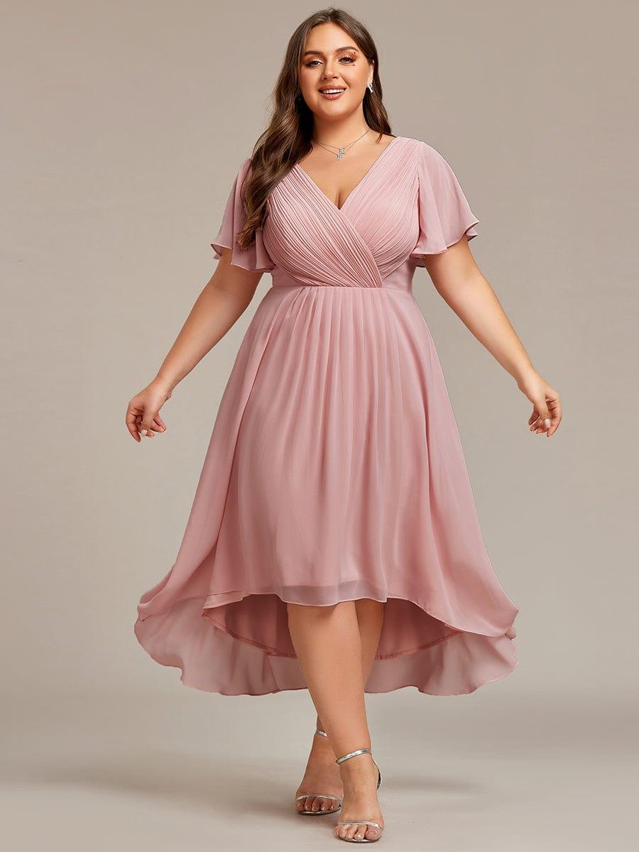 Chiffon Hoch-Tief Hochzeitsgastkleid mit V-Ausschnitt und kurzen Ärmeln 129