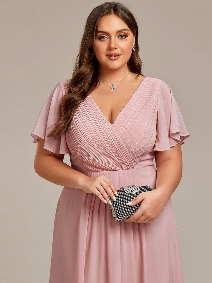 Chiffon Hoch-Tief Hochzeitsgastkleid mit V-Ausschnitt und kurzen Ärmeln 131