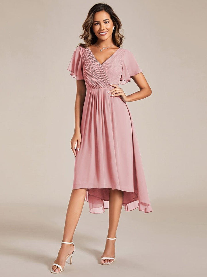Chiffon Hoch-Tief Hochzeitsgastkleid mit V-Ausschnitt und kurzen Ärmeln 124