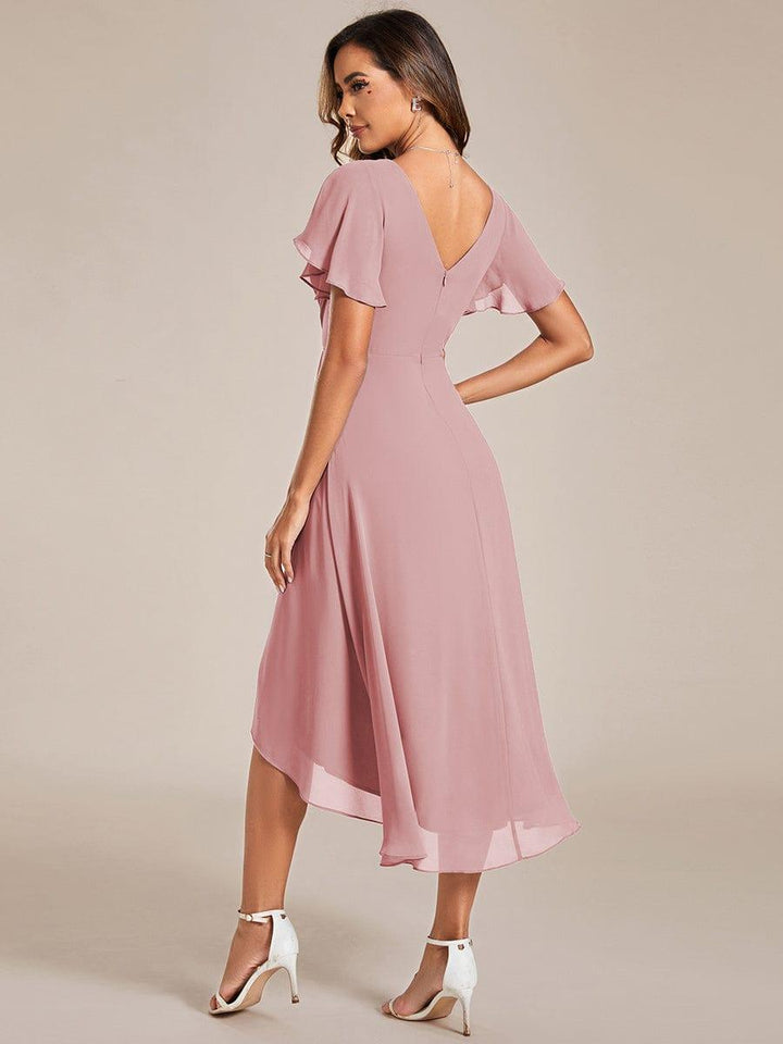 Chiffon Hoch-Tief Hochzeitsgastkleid mit V-Ausschnitt und kurzen Ärmeln 125