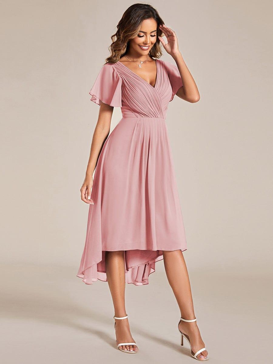 Chiffon Hoch-Tief Hochzeitsgastkleid mit V-Ausschnitt und kurzen Ärmeln 128