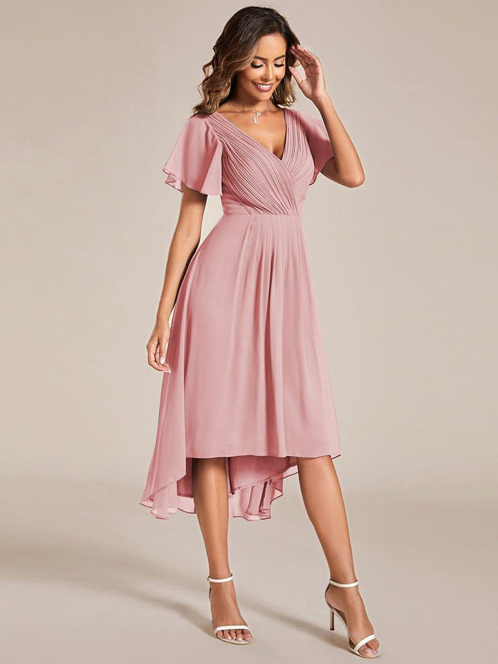 Chiffon Hoch-Tief Hochzeitsgastkleid mit V-Ausschnitt und kurzen Ärmeln 128